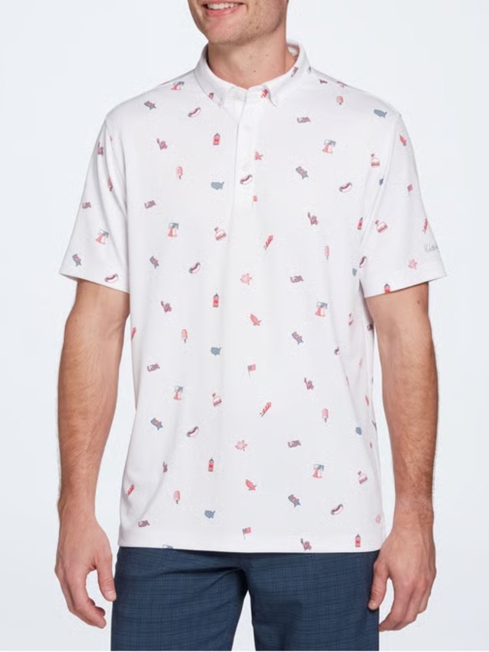 Men's White Short-Sleeve Polo with Red & Blue Micro Print